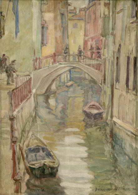 A serene canal scene with gently swaying boats under a stone bridge. Muted colors and soft brushstrokes create a tranquil, nostalgic atmosphere.
