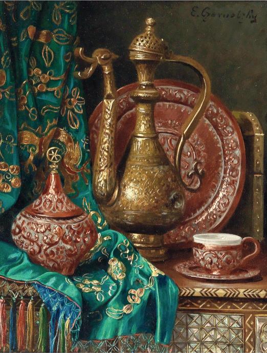 Antique brass pitcher and ornate red pottery on a patterned table, with an embroidered green cloth draped beside. The scene exudes elegance.
