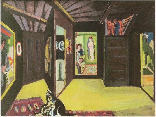 A painting depicting an interior room with various artworks on the walls, furniture, and a cat sitting on the floor.