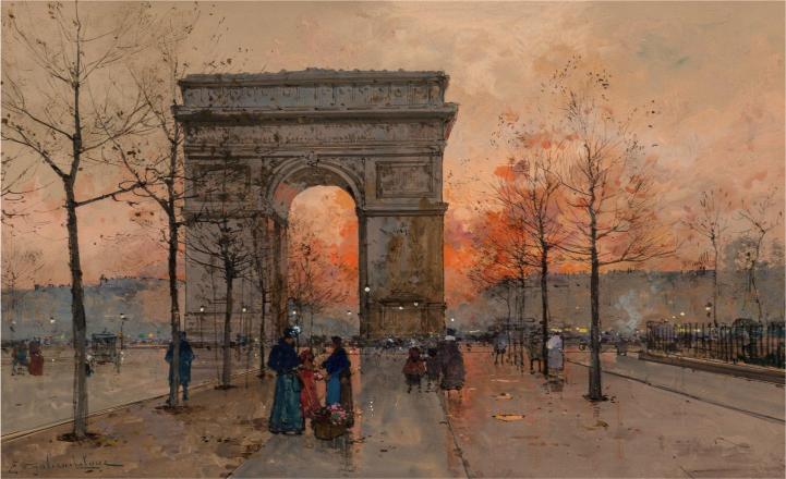 A watercolor painting of the Arc de Triomphe at sunset, featuring soft orange skies. People stroll along the tree-lined avenue, creating a serene, nostalgic mood.