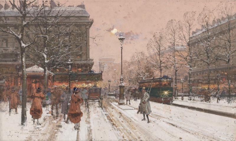 A snowy Parisian street scene at dusk; people in winter coats stroll under streetlights, with horse-drawn carriages and trams creating a bustling, cozy atmosphere.