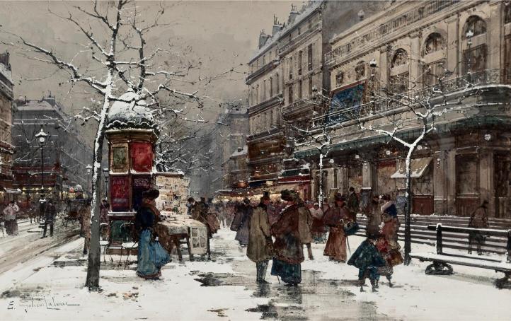 Winter city scene depicting a busy Paris street. People in period clothing walk past snow-covered trees and buildings, creating a bustling, nostalgic atmosphere.