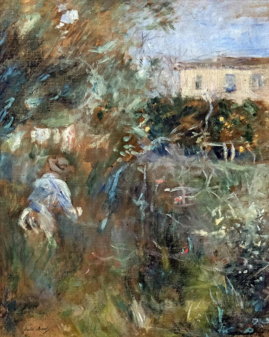 A painting featuring an abstract depiction of a person in a garden, primarily in blue and green colors.