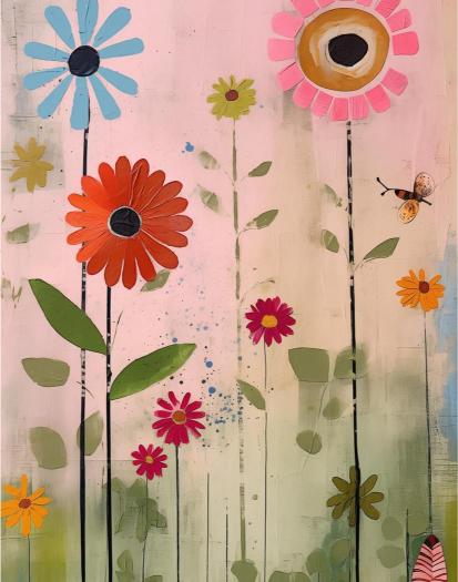 Colorful floral design on a wooden background