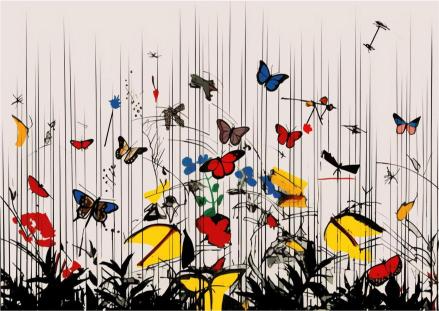 Colorful butterfly and flower illustration on a white background