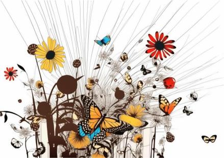 Colorful butterflies and flowers on a white background