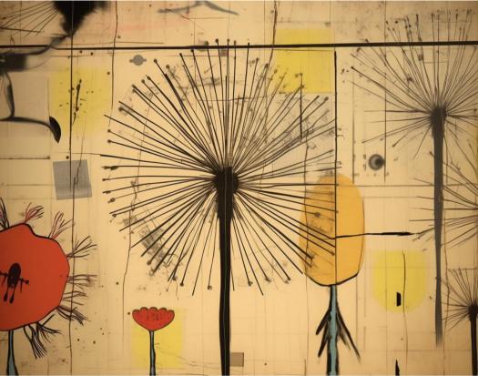 Abstract artwork with black spiky shapes and colorful flowers on a beige background
