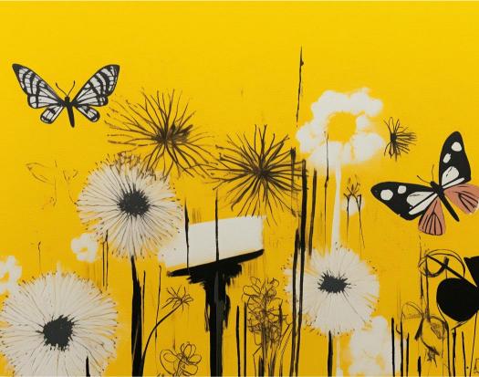 Butterflies and flowers on a yellow background