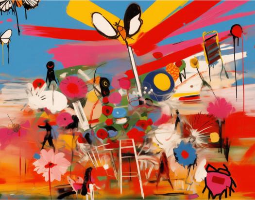 Abstract artwork with colorful shapes and patterns