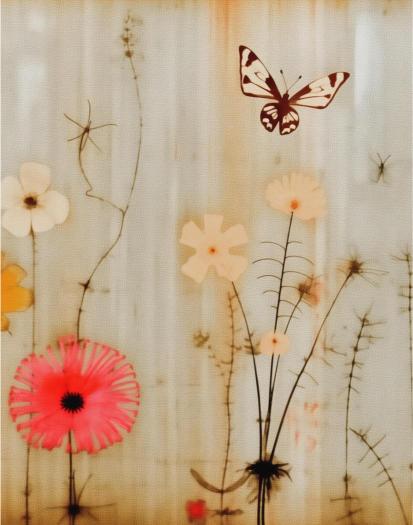 Decorative curtain with flowers and a butterfly design on a light background