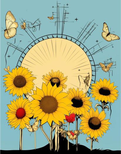 Illustration of sunflowers and butterflies with a stylized sun in the center on a blue background.