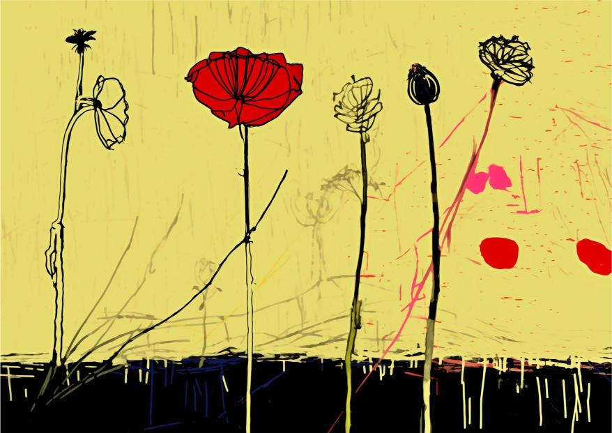 Artistic depiction of flowers with a red flower standing out on a yellow background