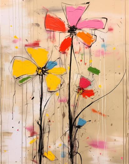 Abstract painting of colorful flowers on a beige background