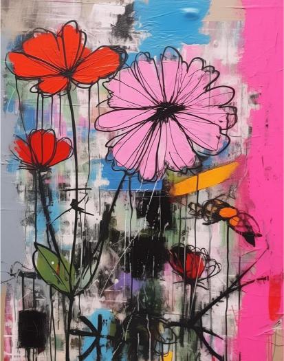 Abstract artwork with colorful flowers and abstract shapes