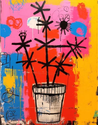 Abstract artwork with black stick figures in a pot against a colorful background