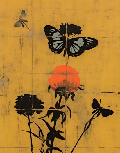 Butterflies and flowers on a yellow background