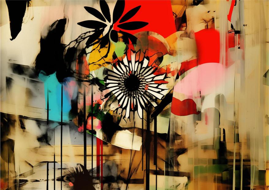 Abstract artwork with colorful flowers and geometric shapes