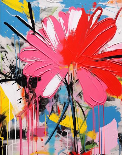 Abstract painting with large pink flowers and splashes of color