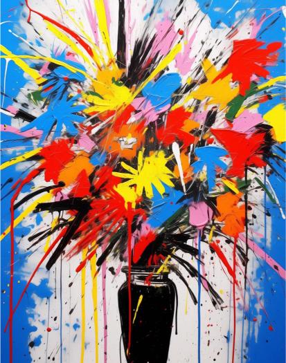 Abstract painting with colorful splashes and a black vase on a blue background