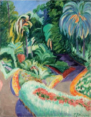 A vibrant, abstract painting depicting a garden scene with a focus on green foliage and a colorful, curved path.