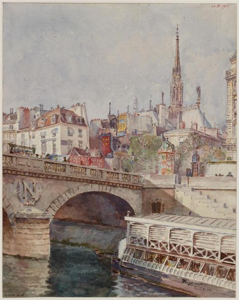 Cityscape with a bridge over water and buildings in the background