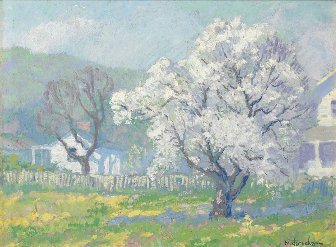 A painting featuring cherry blossoms with white and pink flowers, with abstract elements and a visible fence in the background.