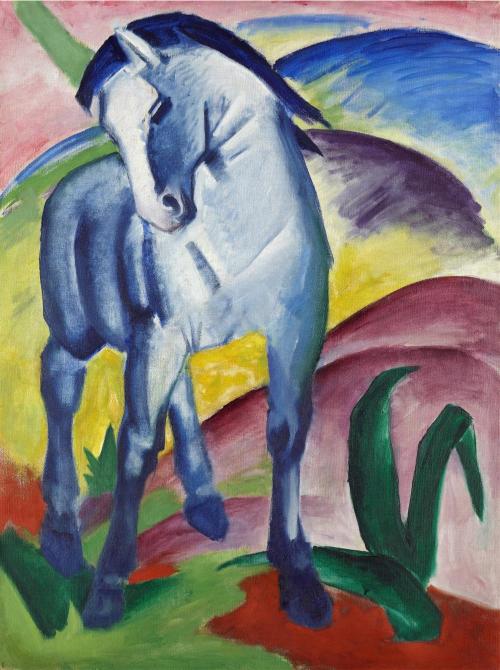 Expressionist painting of a blue horse with white highlights set against a colorful background of vivid greens, reds, yellows, and blues, evoking a serene mood.