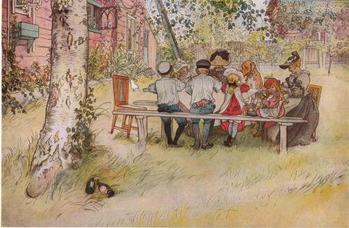 A painting depicting a group of people seated at a table under a tree in a garden setting, with a building in the background.