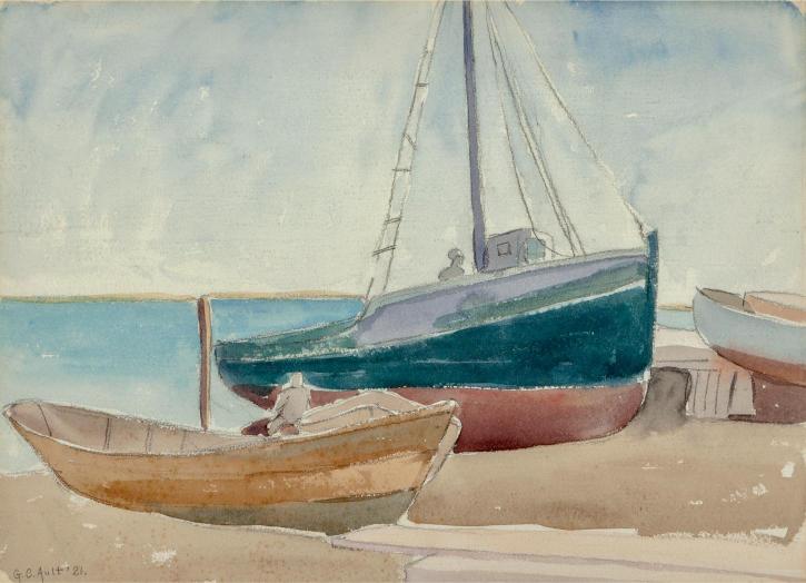 A watercolor painting depicts a serene seascape with three boats by the shore. A large sailboat stands prominently, its sails furled, while two smaller boats are beached nearby. The sky is a soft blue, reflecting calmness.