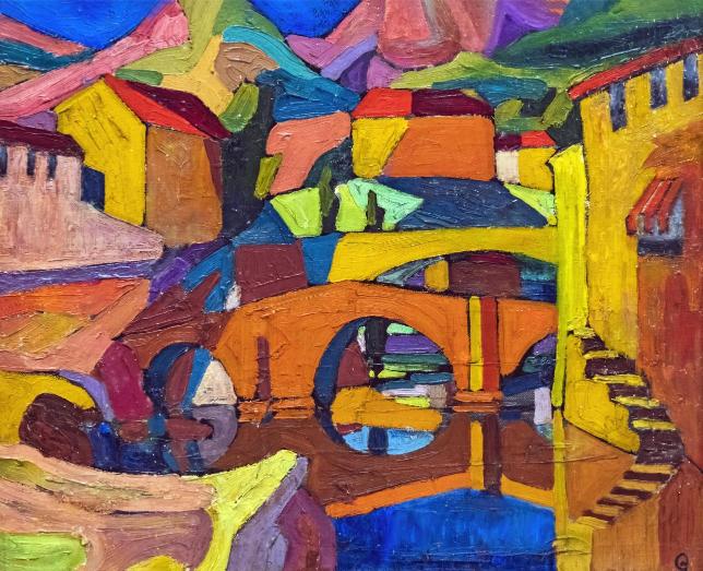 Colorful abstract painting of a bridge over water with houses on either side.