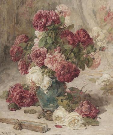 A lush bouquet of pink and white roses in a blue vase sits elegantly on a table. The backdrop is softly textured, evoking a serene, vintage ambiance.