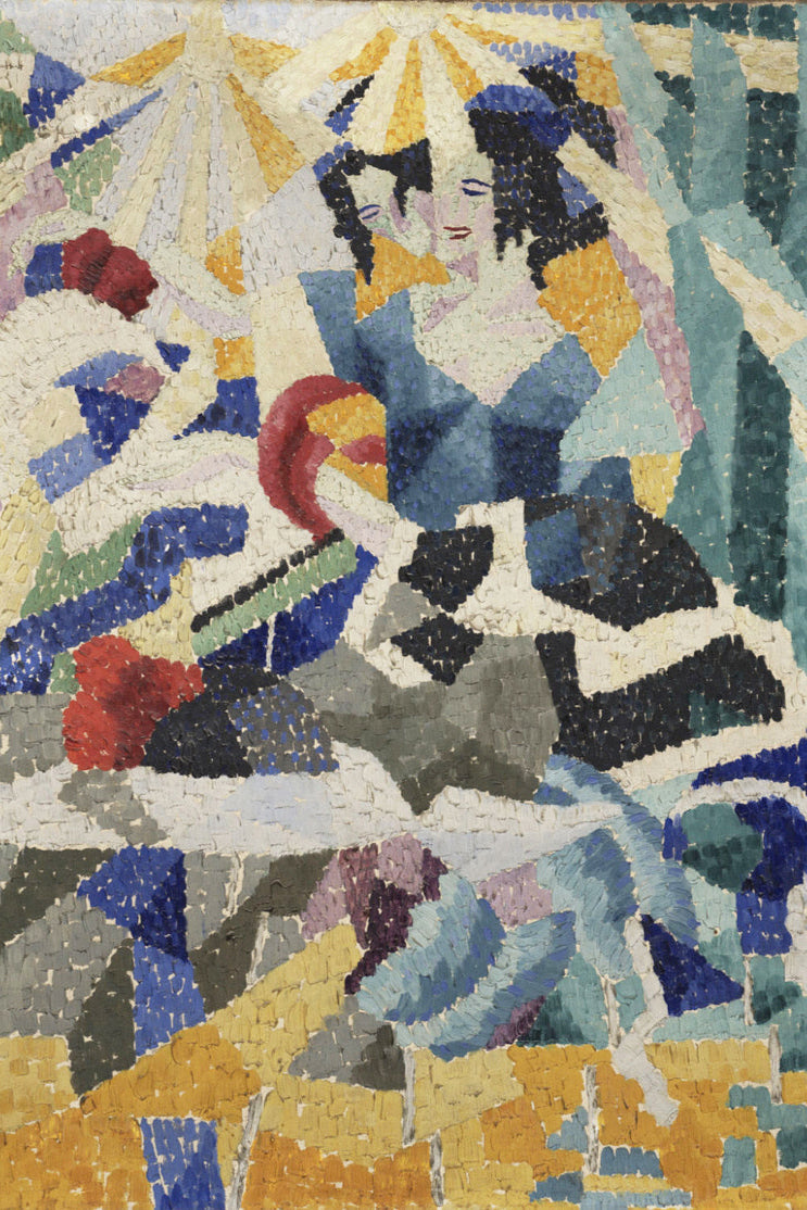 A section of an abstract painting featuring a depiction of a woman in a milliner's hat with various colors and geometric patterns.