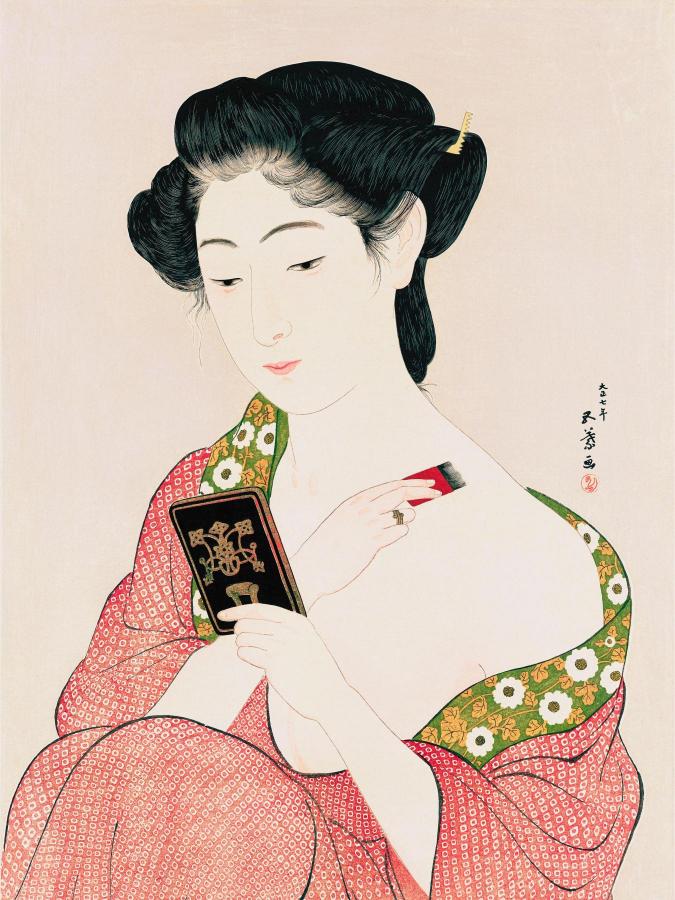 A woman in a red and green floral kimono applies a cosmetic to her face using a small brush while gazing into a mirror. The scene is serene and contemplative.