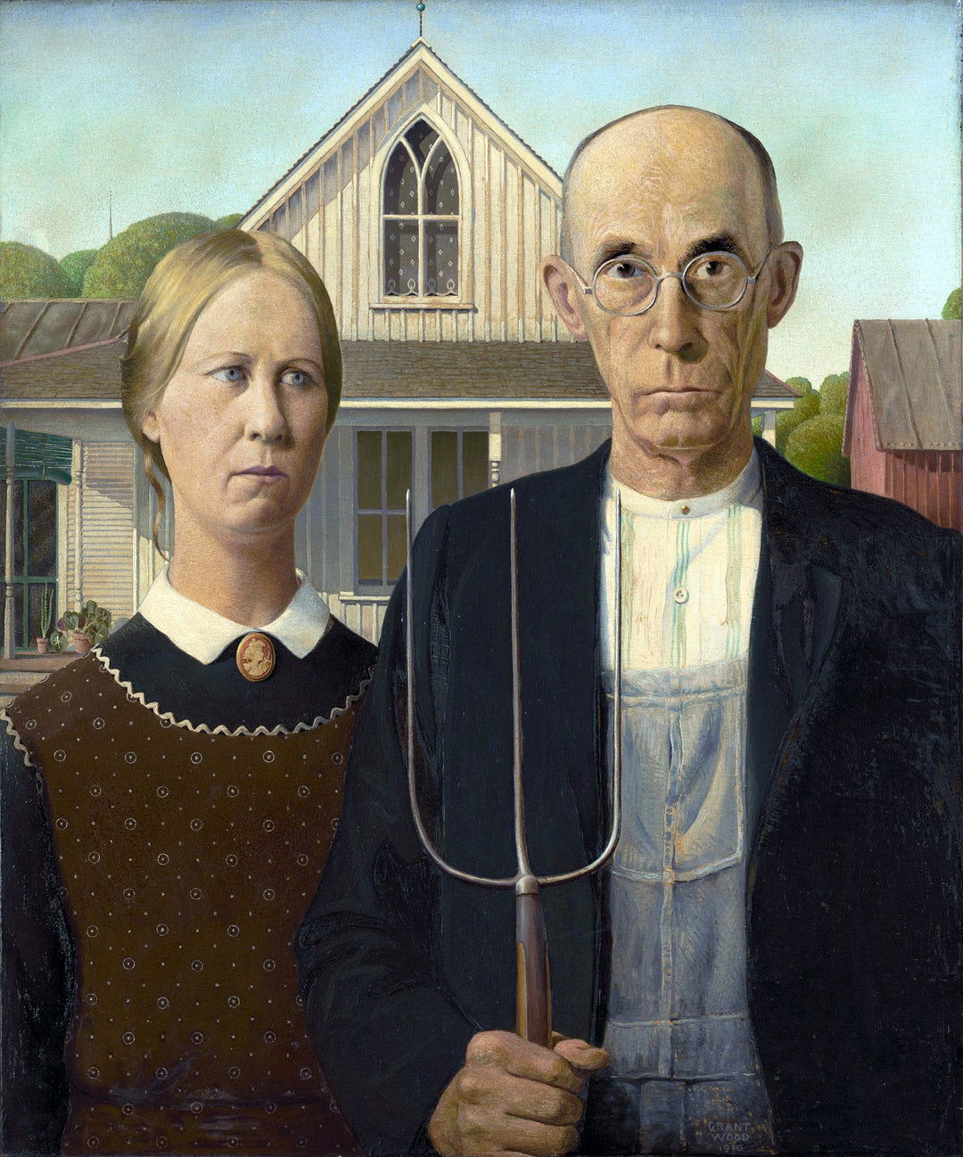 A painting titled 'American Gothic' featuring a man and a woman standing in front of a house. The man is holding a pitchfork, and both are dressed in period clothing.