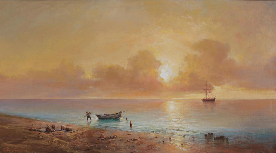 A serene seascape at sunset, with warm orange hues reflecting on calm waters. A small boat rests near the shore and a sailing ship floats in the distance.