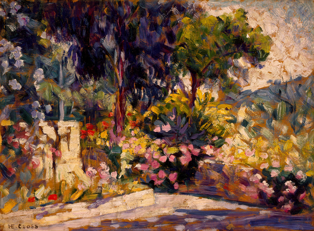 A painting titled 'The Flowered Terrace' by Henri Cross, featuring a vibrant garden with various colors and a visible stone pathway.
