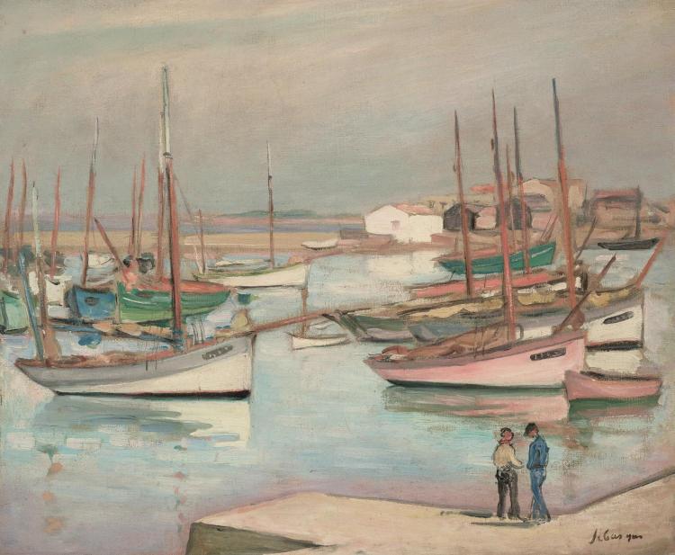 Sailboats moored in a calm harbor under an overcast sky, with two people conversing on the pier. The scene conveys a serene, pastel-hued ambiance.