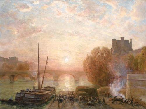 Sunset over a river scene with a stone bridge. Boats docked on the left, horses and carts on the right. Warm, peaceful tones highlight the sky.