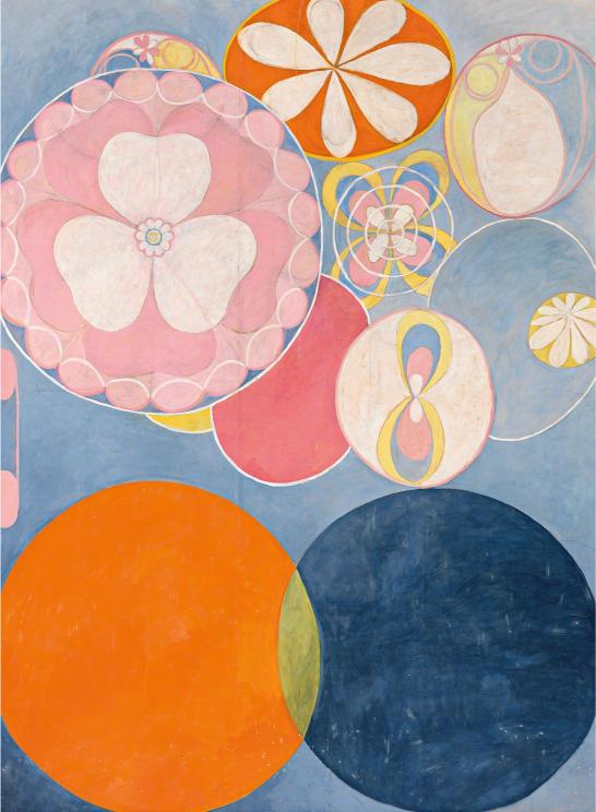 Abstract artwork with overlapping circles of various sizes. Dominant colors are blue, orange, and pink against a light blue background, conveying a serene, harmonious feel.