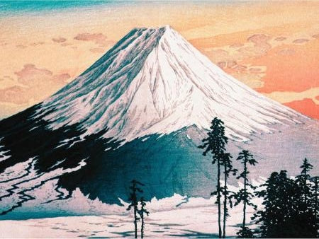 A vibrant depiction of a snow-capped Mount Fuji at sunrise, with a colorful sky of pink and orange hues. Silhouettes of trees frame the foreground, evoking serenity.