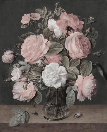 A bouquet of pink and white roses in a glass vase on a wooden table. The dark background accentuates the delicate petals and green leaves.