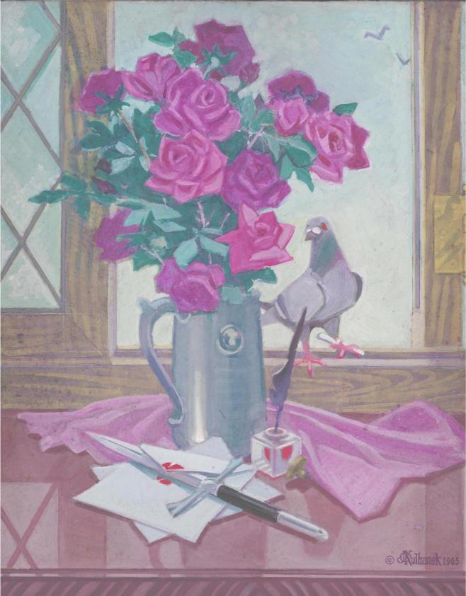 A vase of vibrant pink roses on a table by a window, with a pigeon perched beside it. Below are letters with a pen and ink bottle, radiating a serene, nostalgic feel.