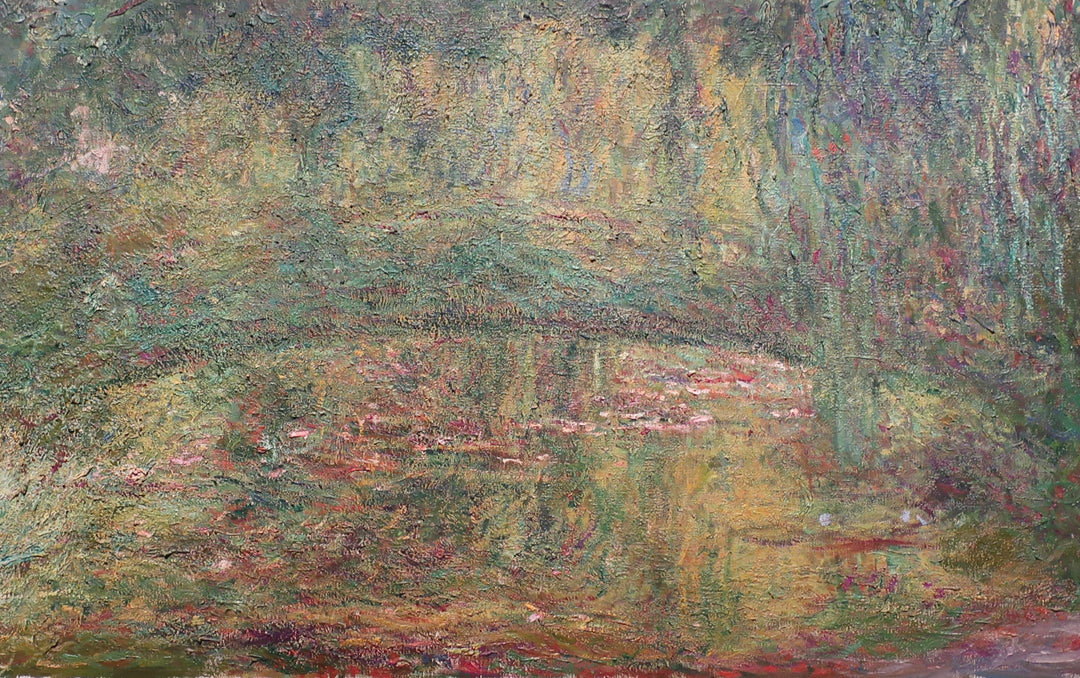 A section of a painting by Claude Monet featuring a blurred depiction of a Japanese bridge and surrounding foliage.