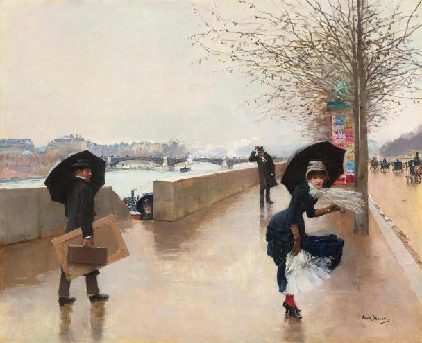 A woman in a windy street holds her hat and skirt, smiling under an umbrella. A man walks by with paintings, evoking a lively, rainy day in Paris.