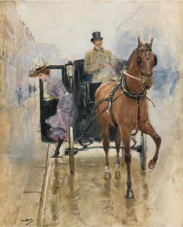 A woman in a purple dress and ornate hat steps out of a horse-drawn carriage on a rainy street, with a coachman in a top hat and tan coat holding the reins.
