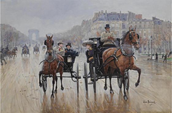 A vintage horse-drawn carriage travels down a wide, wet Parisian street. People in the carriage wear formal attire. The Arc de Triomphe is in the background.