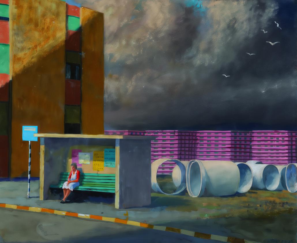 A woman sits alone on a bench at a bus stop under a menacing cloudy sky. Industrial pipes and a colorful building are seen in the background.