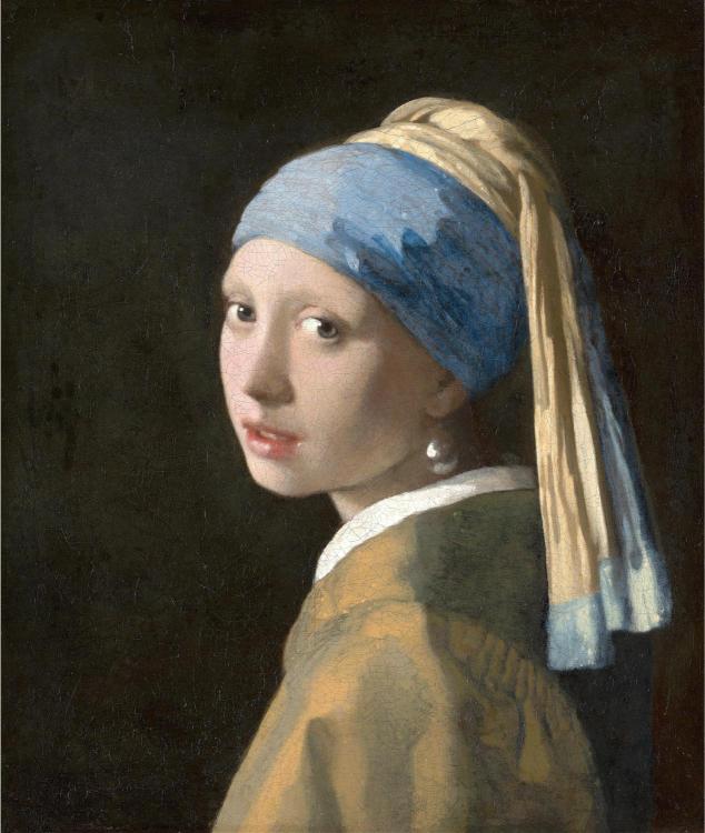 A girl in a turban gazes over her shoulder against a dark background. She wears a blue and gold turban and a large pearl earring, conveying a serene, enigmatic mood.