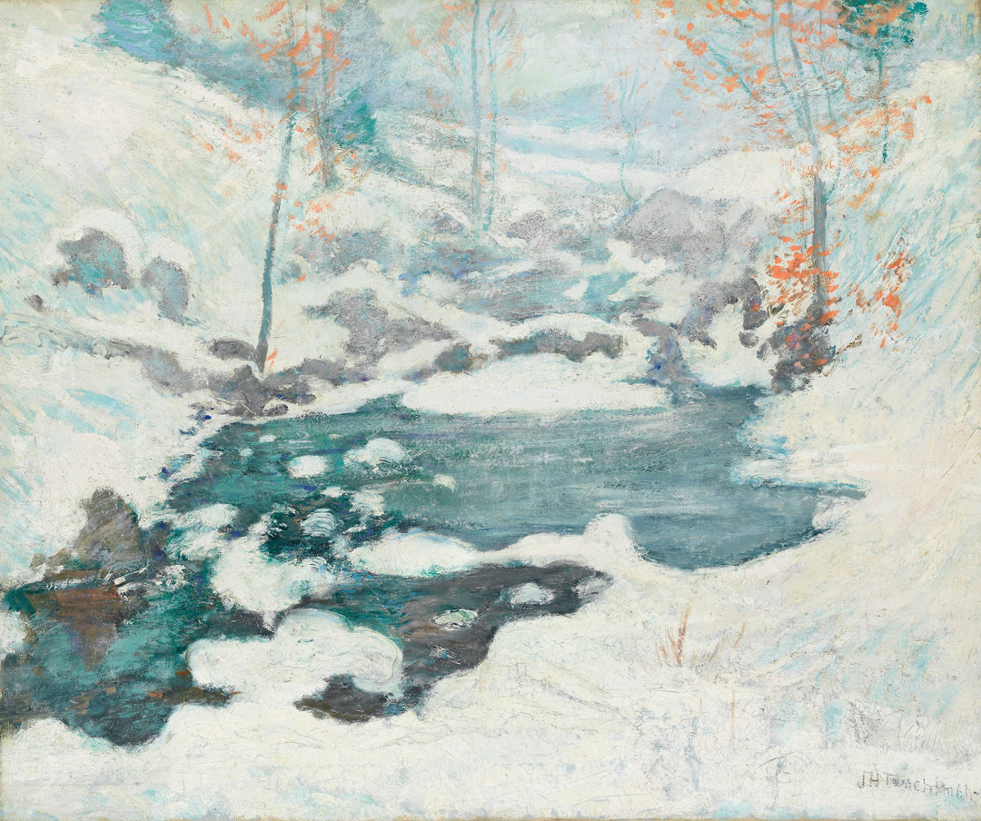 A painting featuring a snowy landscape with a frozen waterway and trees in the background. The foreground is highlighted with orange and blue tones, creating a contrast with the white snow.
