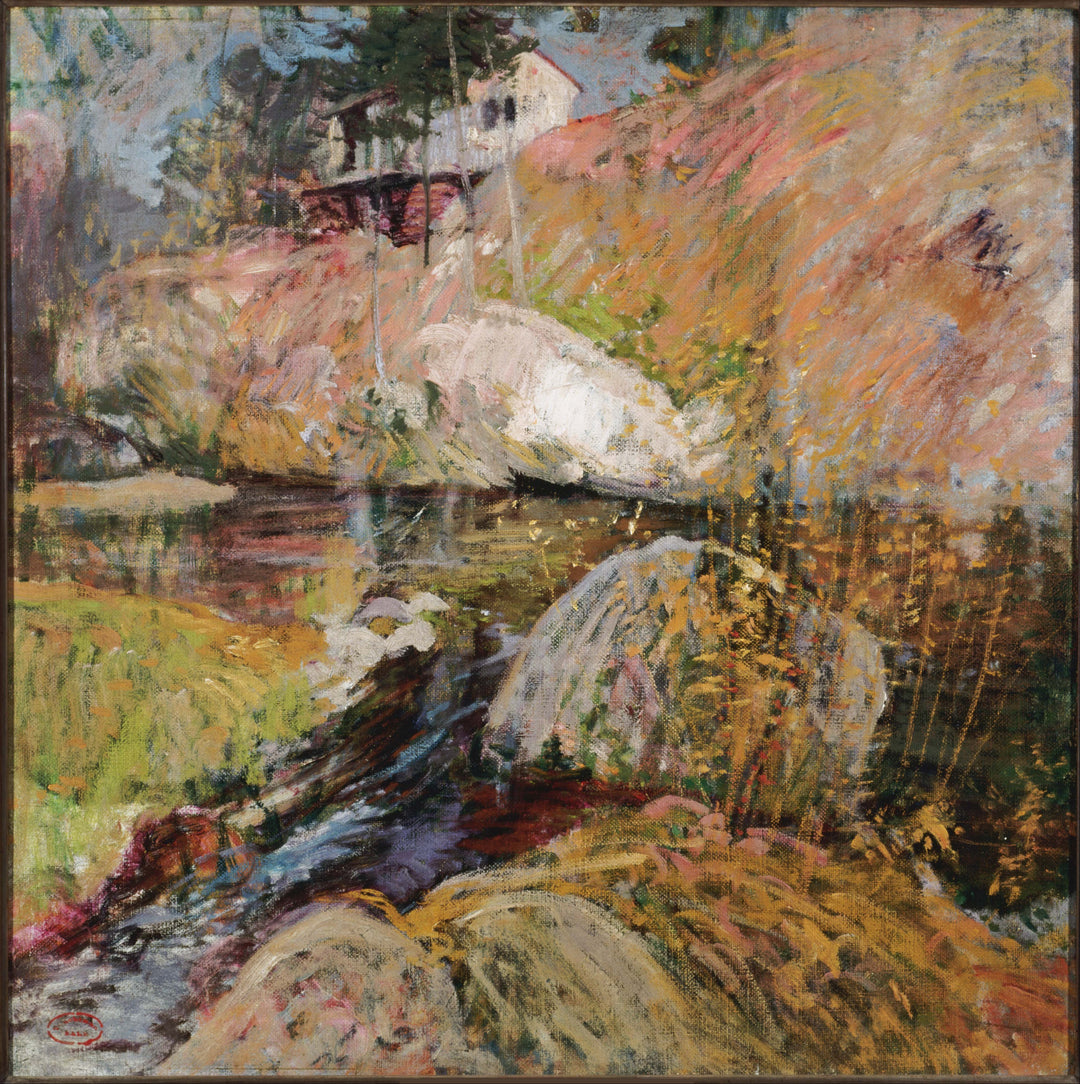 A painting featuring a vibrant outdoor scene with a studio, rocks, and a reflective water surface, predominantly in orange, blue, and green hues.